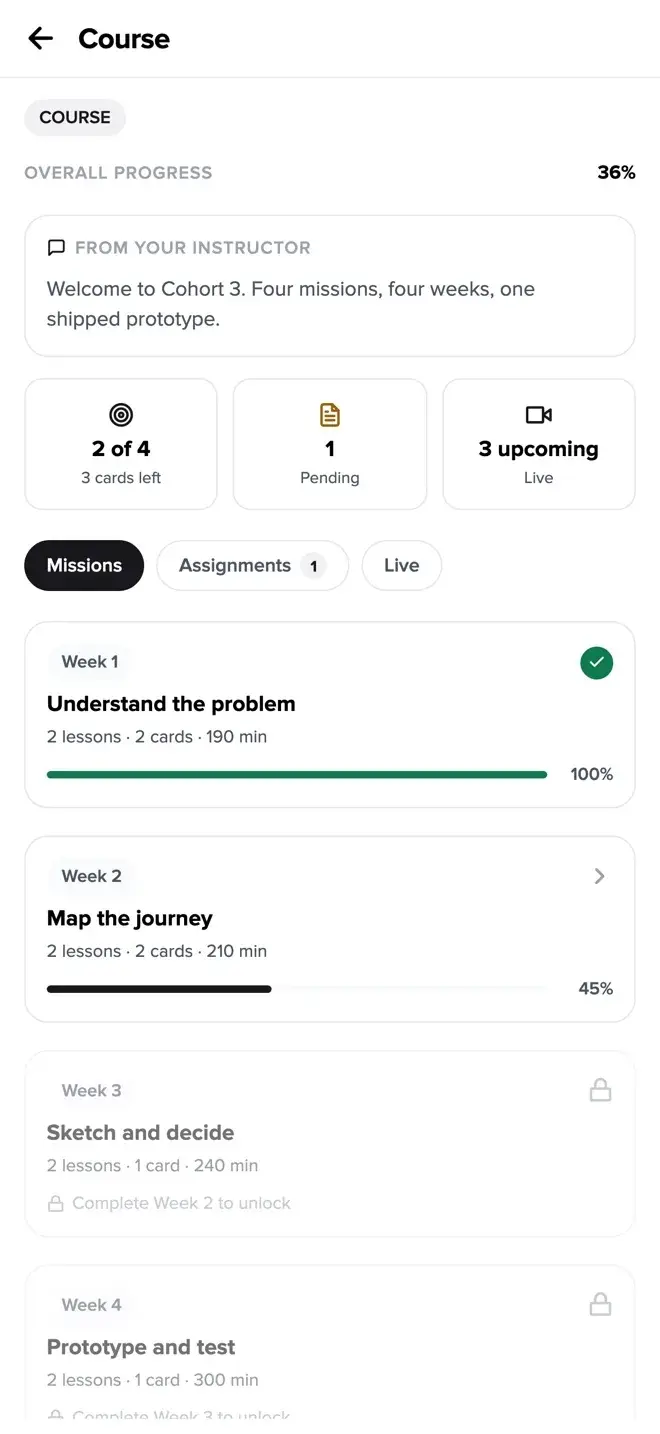 A course with weekly missions and progress